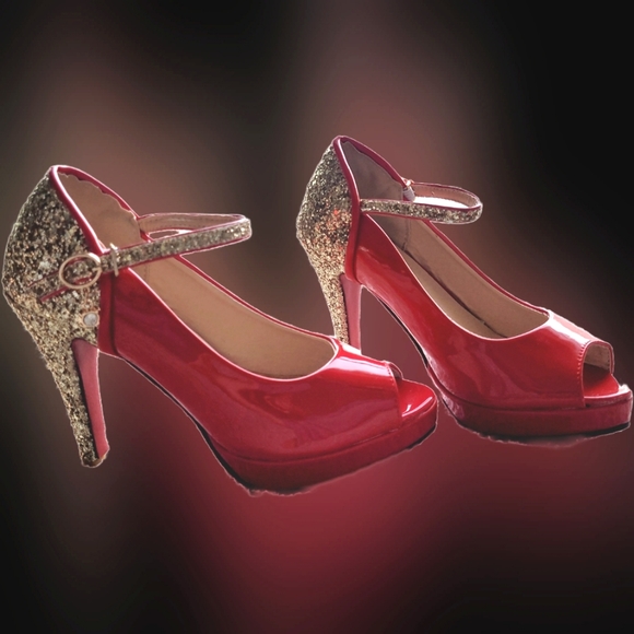 Vegan Patent Leather Platform Heels - Red with Gold Glitter - EUC - Picture 4 of 6